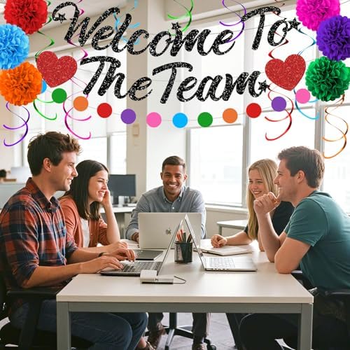 Welcome To The Team Party Decorations Black Glittery Welcome Signs Banner Hanging Swirls Colorful Paper Pompoms Circle Dots Garland for New Employee Coworker Teacher Colleague Staff Team Member Office Party - Image 6