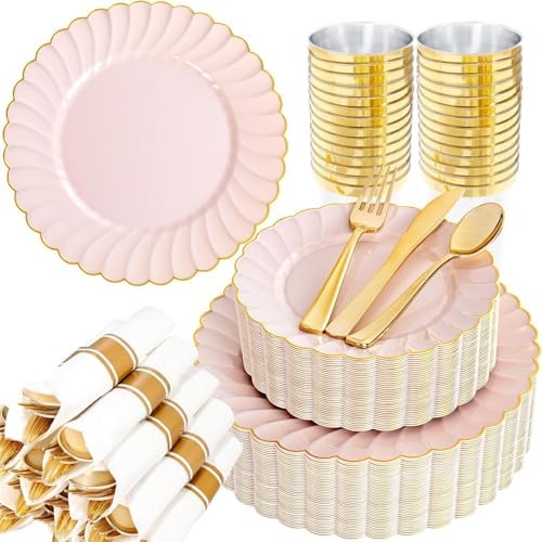 YOUBET 350PCS Pink Scalloped Plastic Plates for Wedding Party by YOUBET