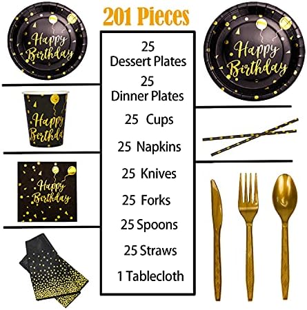 Disposable Party Dinnerware Set &Disposable Birthday Party Dinnerware Paper Plates Napkins Cups, Gold Plastic Forks Knives Spoons (Black/Gold) - Image 2