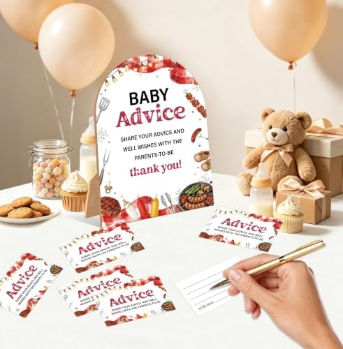 Baby-Q Baby Shower Games, BBQ Advice For Parents To Be, 6x8 Inch Arch Wooden Sign With Stand And 50 Advice Cards, Gender Reveal Party Supplies & Decorations -LN12 - Image 3