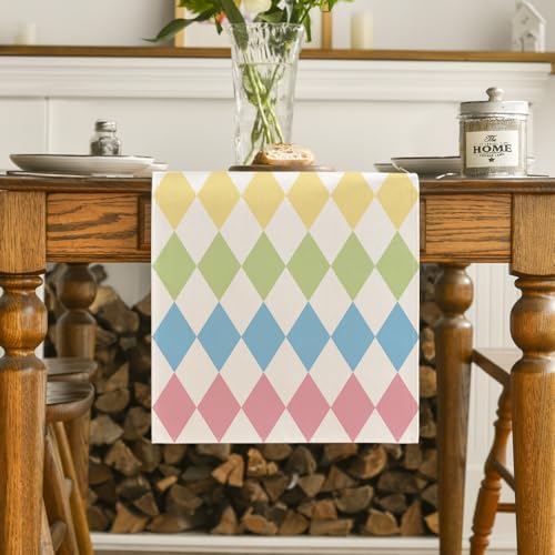 Artoid Mode Diamond Plaid Pink Blue Easter Table Runner, Seasonal Spring Summer Party Kitchen Dining Table Decoration for Home Party Decor 13x72 Inch - Image 2