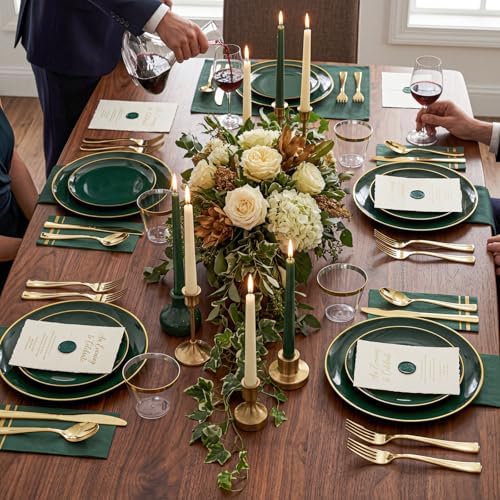 NOCCUR 350PCS Green Plastic Plates - Disposable Green Gold Dinnerware Set for 50 Guests, 100 Dinner/Dessert Plates, 150 Gold Silverware, 50 Cups&50 Napkins for Party ＆ Wedding ＆ World Cup 2026 - Image 6