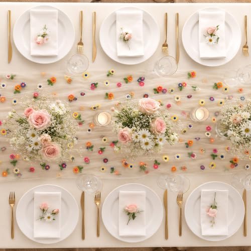 4 Pcs Flower Table Runner 29x72 Inch Champagne Daisy Tulle Decor - Image 5