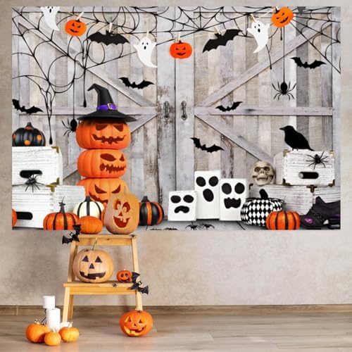 Rustic Halloween Backdrop Vintage Wood Barn Door Pumpkins Lanterns Ghost Bat Skull Background for Halloween Party Decorations Horror Photography Studio Banner Photo Booth Props 10x7ft - Image 2