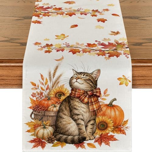 Fall Table Runner Pumpkins Cat Maple Leaf Autumn Harvest Seasonal Thanksgiving Decorations for Home Kitchen Dining Room Party Decor，13x60inch by Juynyyn