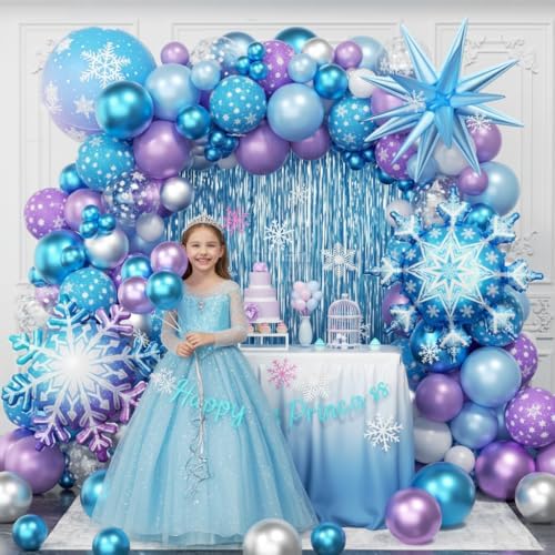 Frozen Balloon Arch Garland Kit 220pcs, Blue Purple White Balloons with Fringe Curtain Snowflake Balloons Birthday Banner for Winter Wonderland Baby Shower Snow Princess Birthday Party Decor - Image 4