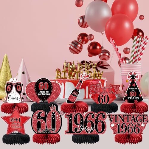 9Pcs 60th Birthday Decorations Red and Black 60th Birthday Party Decorations for Women,Happy 60 Years Vintage 1966 Aged Honeycomb Centerpieces Table Sign Decor Supplies - Image 5