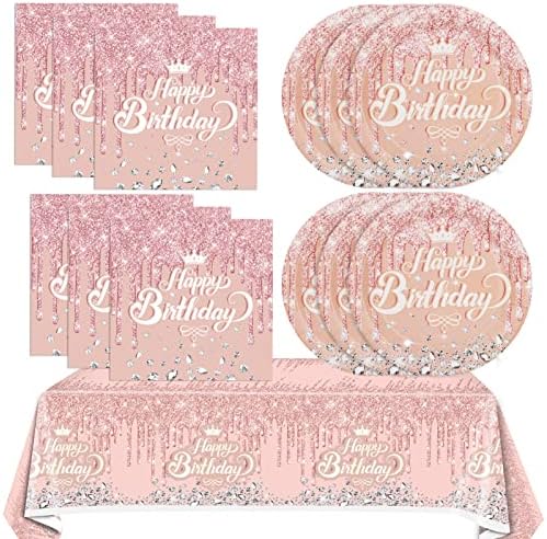 41Pcs Rose Gold Birthday Party Decorations - Pink Rose Gold Theme Supplies - Includes 20 Plates, 20 Napkins and 1 Tablecloth for Girls Women by Juhap