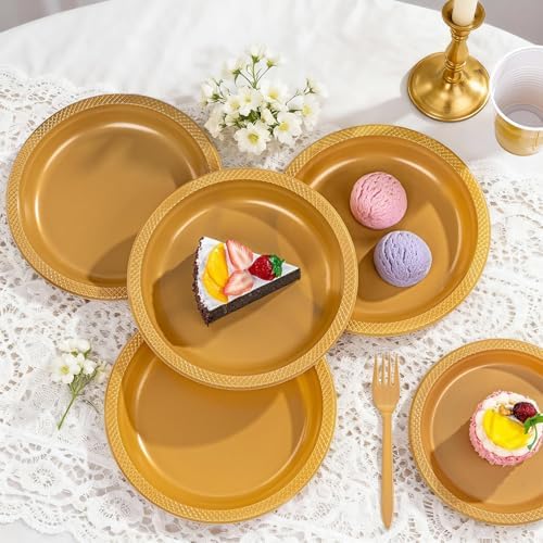 MirthMood 350PCS Gold Plastic Plates,Gold Disposable Plates –Plastic Plates Set Includes 50 Dinner,50 Dessert Plate,50 Cup&50 Napkins, 50 gold Silverware for Wedding& Parties& Birthday - Image 2