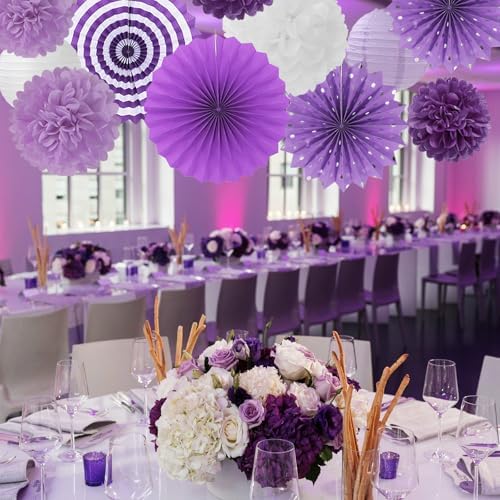 Lavender-Purple White Graduation Party Decorations - 20pcs Paper Lanterns Fans,Tissue Pom Poms,Honeycomb Balls,Birthday Wedding Bridal Baby Shower Engagement Bachelorette Decor Burgleda - Image 5
