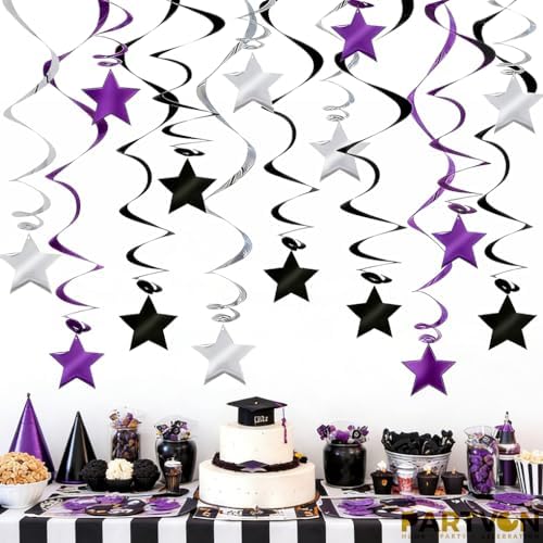 Purple Black Silver Hanging Swirl Decorations - 30 Pcs Metallic Ceiling Swirls with Foil Stars, Plastic Streamers for Graduation, Halloween, Birthday, Wedding, Baby Shower Party Supplies by PARTVON