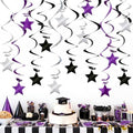 Purple Black Silver Hanging Swirl Decorations - 30 Pcs Metallic Ceiling Swirls with Foil Stars, Plastic Streamers for Graduation, Halloween, Birthday, Wedding, Baby Shower Party Supplies by PARTVON