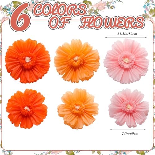 Giegxin 6 Pcs 31.5", 24" Pink Orange Paper Flowers Sunset Party Decor - Image 3