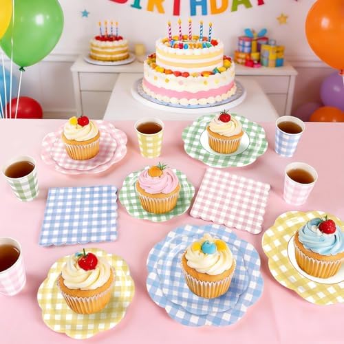 200Pcs Gingham Plates and Napkins Party Supplies in 4 Colors for 24 Guests - Image 7