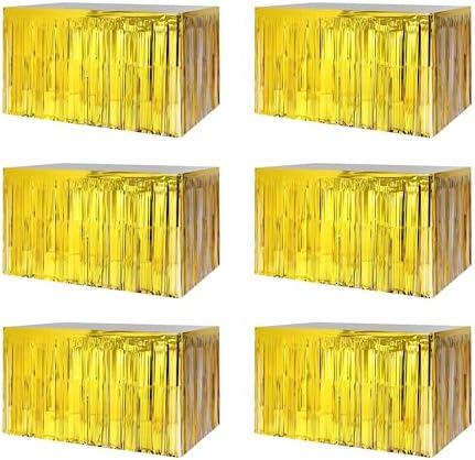 6 PCS Golden Metallic Foil Fringe Tinsel Table Skirts 9 Feet x 29.5 Inch by BEAIMUXI