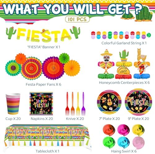 DMIGHT 101PCS Fiesta Party Supplies Set – Plates, Napkins, Fiesta Paper Fans, Banner, Tablecloth, Honeycomb Centerpieces – Perfect for Cinco de Mayo, Mexican Fiesta, and Fiesta Party Decorations - Image 2