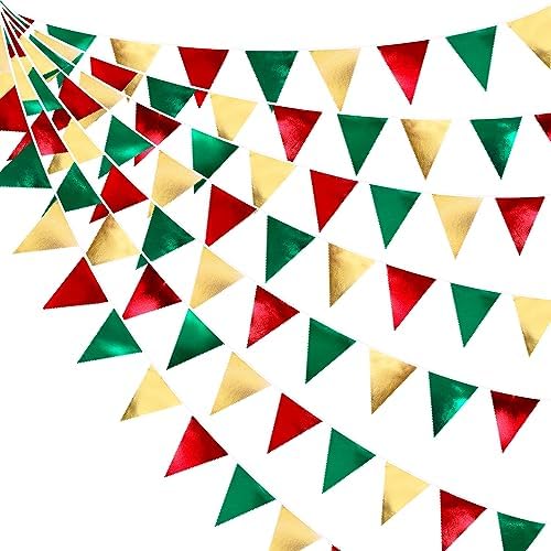Christmas Party Decorations Triangle Pennant Banner Flag Red Green Gold Metallic Fabric Bunting Garland for Xmas Holiday Wedding Bridal Shower Birthday Bachelorette Graduation New Year Party Supplies by pinkblume