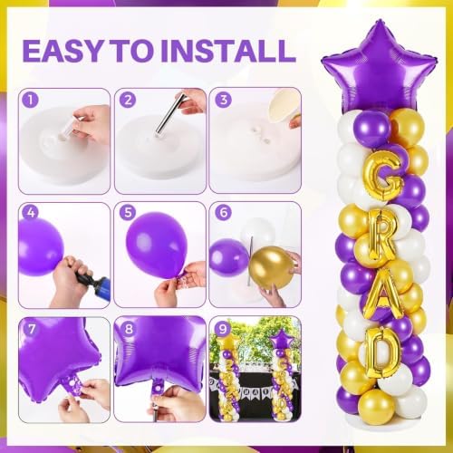 2 Sets Graduation Balloon Column Stand Kits with 132 PCS Purple Golden White Latex Balloons 2026 Letters 6.5 Ft Adjustable Metal Tube Telescopic Tower Pillar with Base for Graduation Party Decoration - Image 5
