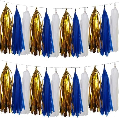 We Moment Navy Blue Gold White Tassel Garland Banner Paper Tassels for Boys Girls Birthday Graduation Decorations,Pack of 15 by We+Moment