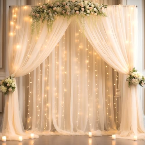 30x10ft Champagne Tulle Backdrop Curtain with Lights String for Parites, Sheer Backdrop Curtains for Wedding Baby Shower Birthday Party Photo Shoot Decorations by Partisky