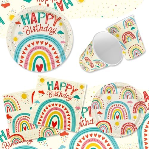 Retro Rainbow Themed Happy Birthday Party Supplies Set - Vibrant Disposable Paper Plates, Cups, Napkins, Tablecloth & Birthday Banner - Fun & Colorful Design for Boys/Girls - For 25 Guests - Image 3