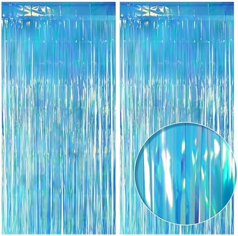 2 Pack Blue Iridescent Streamers Backdrop, 3.3x6.6ft Foil Fringe Curtains Holographic Door Tinsel Streamers for Birthday, Wedding, Holiday, Bachelorette, Christmas, Winter Theme Party Decorations by JustShimmer