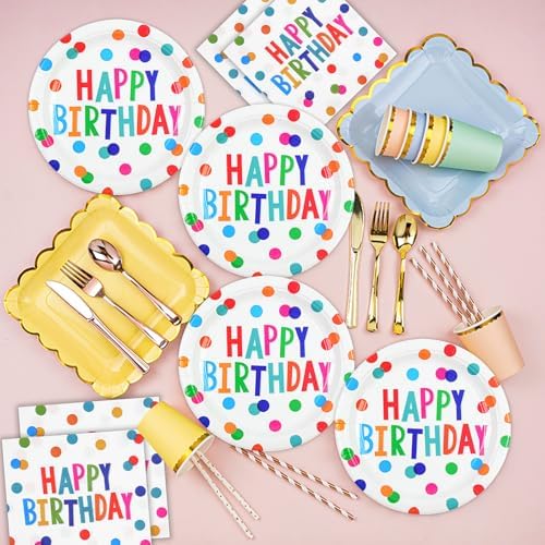 72PCS Happy Birthday Paper Plates and Napkins, Colorful Dot - Image 2