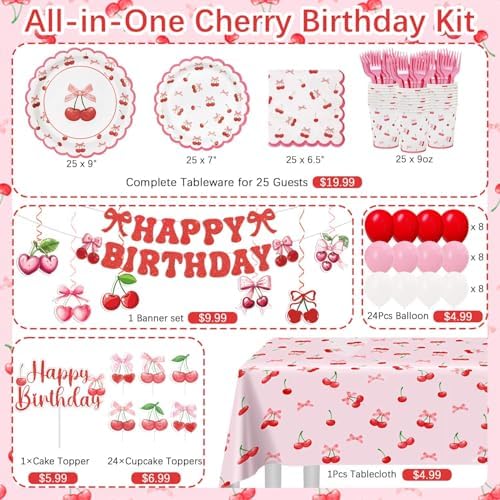 Cherry Birthday Decorations, 182Pcs Cherry Plates Napkins Cups Forks Tablecloth Banner Hanging Swirls Cupcake Toppers and Ballons for Cherries Themed Party Decorations - Image 5