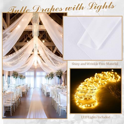 6 Panels White Ceiling Curtains with Lights for Weddings - 5ftx10ft Wrinkle-Free Tulle Fabric Wedding Arch Draping Ceiling Drapes Decorations for Wedding Party Ceremony Stage Tent Event - Image 3