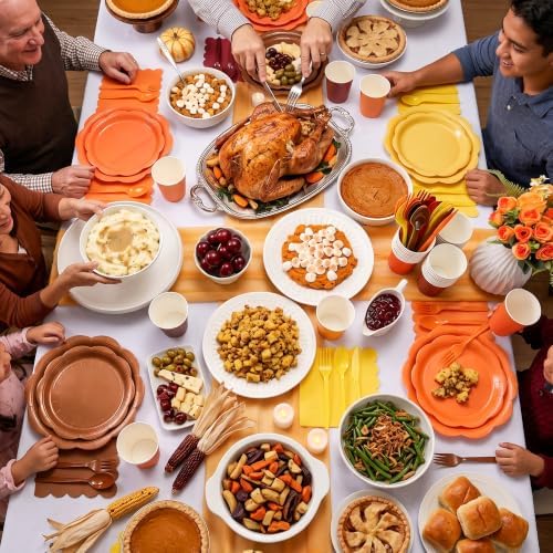 350 Pcs Orange Brown Fall Party Supplies - Red Orange Yellow Autumn Tableware set Include Gradient Scalloped Plate Napkin Cup & Cutlery for Thanksgiving, Fall Wedding, Harvest Party - Image 6
