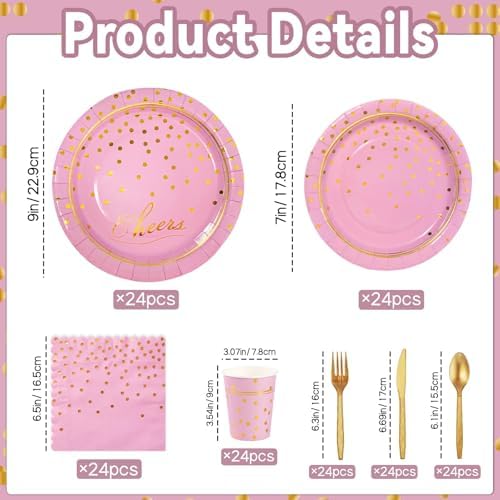 168Pcs Pink and Gold Paper Plates and Napkins Party Supplies for 24 Guest - Image 3