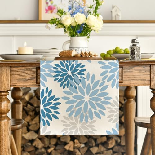 Artoid Mode Light Blue Dahlia Floral Pinnata Summer Table Runner, Seasonal Kitchen Dining Table Decoration for Home Party Decor 13x72 Inch - Image 2