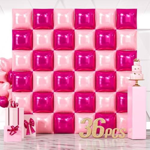 NISOCY 36PCS Hot Pink and Rose Square Foil Balloons Wall Backdrop by NISOCY
