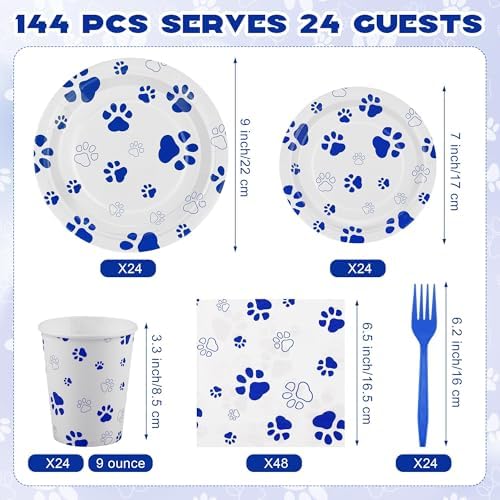 Kochorie 144 Pieces Blue Paw Print Party Tableware Sets Including Disposable Plates Napkins Cups Forks Serves 24 for Dog Puppy Theme Party Supplies - Image 2