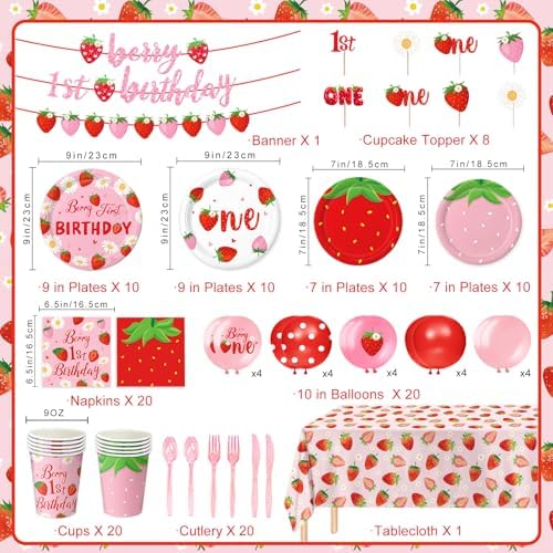 Berry First Birthday Decor Strawberry 1st Birthday Decorations for Plates, Napkins, Cups, Cutlery, Cupcake Toppers, Banner, Tablecloth, Balloons for Girls Strawberry Party Decorations, Serve 20 - Image 2