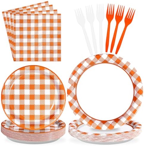 96Pcs Orange Gingham Party Supplies 350GSM Disposable Orange and White Buffalo Checked Paper Plates and Napkins Fall Tableware Set for Thanksgiving BBQ Picnic Baby Shower Birthday Party Decor Serves24 by Grencian