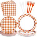 96Pcs Orange Gingham Party Supplies 350GSM Disposable Orange and White Buffalo Checked Paper Plates and Napkins Fall Tableware Set for Thanksgiving BBQ Picnic Baby Shower Birthday Party Decor Serves24 by Grencian