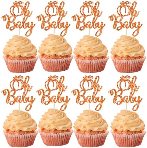 Ephlyn 24Pcs Pumpkin Oh Baby Cupcake Toppers Glitter Fall Theme Pumpkin Cupcake Picks Baby Shower Cake Decorations for Pumpkin Theme Gender Reveal Kids Birthday Party Supplies Orange by Ephlyn