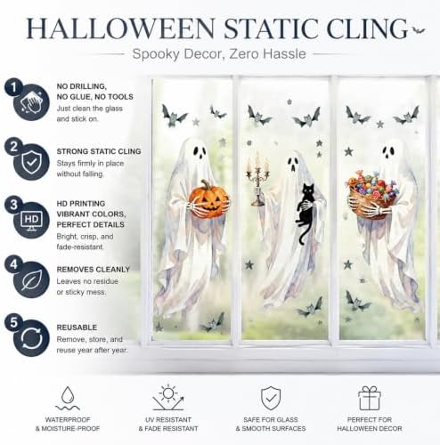 Halloween Window Clings Decorations Ghost Pumpkin Bat Window Stickers Static Spooky Glass Window Sticker Decals for Home Office Classroom Party Haunted House Seasonal Decor 3 Sheets - Image 4