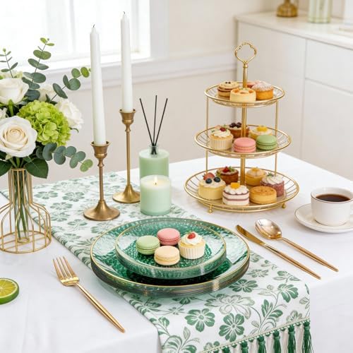 Rubtlamp 60 Green Plastic Plates, Hammered Clear and Gold Disposable Plates, Grenn Disposable Plates Include 30 Dessert Platos, 30 Dinner Platos for Party - Image 4