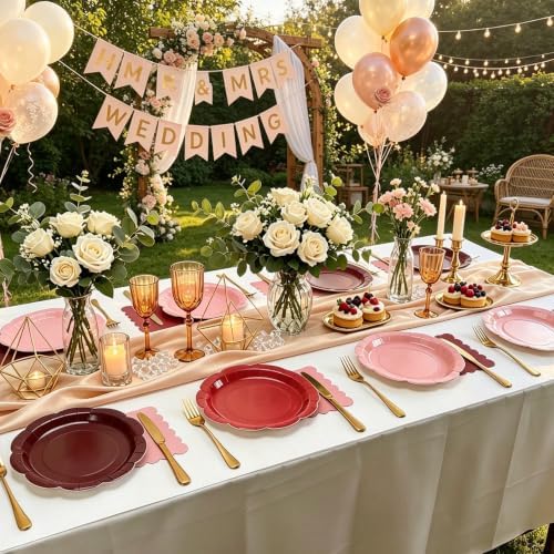 96Pcs Pink and Burgundy Paper Plates and Napkins Serves 48,9 Inch Gradient Disposable Plates,6.5" Scalloped Napkins Tableware for Bridal Shower,Girl Birthday, Wedding,Valentine’s Day - Image 5