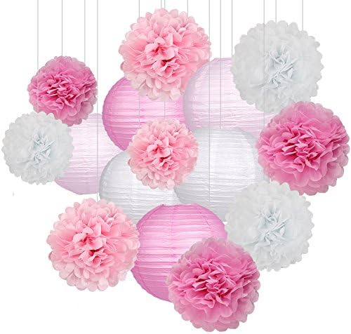 Paper Lanterns and Paper Pom Poms Pink Party Decorations 15pcs by zilue