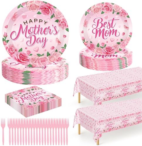 122 PCS Mothers Day Plates and Napkins Set, Serves for 30 Guests Pink Mother's Day Home Decor with Flowers, Disposable Paper Plates Napkins Plastic Forks Tablecloth for Best Mom Party Supplies by QZYL