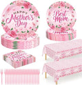122 PCS Mothers Day Plates and Napkins Set, Serves for 30 Guests Pink Mother's Day Home Decor with Flowers, Disposable Paper Plates Napkins Plastic Forks Tablecloth for Best Mom Party Supplies by QZYL