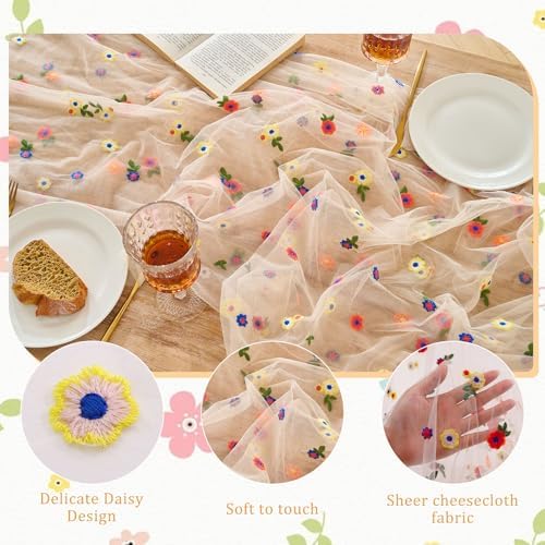 BINBE 12pcs Daisy Spring Table Runner Embroidery Gauze 10FT Florals Seasonal Tulle Holiday Birthday Kitchen Dining Table Decor for Home Party Champagne - Image 3