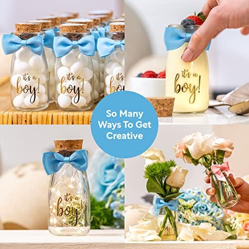 Ethisa Vintage 12 Pack It's a Boy Milk Glass Bottles with Ribbons and Stickers - Classy Baby Shower Favors for Guests and Table Centerpieces - Gender Reveal Boy Decorations - Baby Shower Candy Jar - Image 6