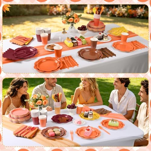 350 Pcs Orange Brown Fall Party Supplies - Red Orange Yellow Autumn Tableware set Include Gradient Scalloped Plate Napkin Cup & Cutlery for Thanksgiving, Fall Wedding, Harvest Party - Image 7