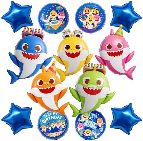 PartyWoo Baby Shark Blue Round Star Mylar Helium Boys Foil Balloons 13pcs by PartyWoo