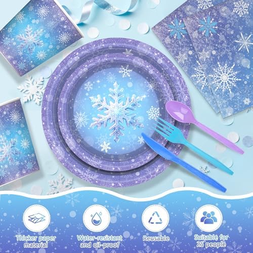 175Pcs Snowflake Paper Plates and Napkin Blue Purple Christms Themed Plate - Image 3