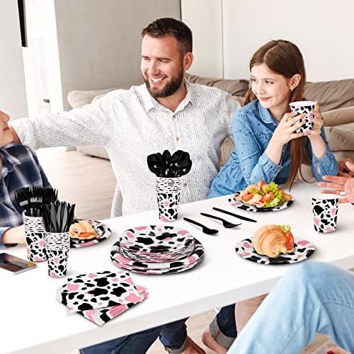 durony 144 Pieces Pink Cow Print Party Tableware Set Including Cowgirl Pink Cow Party Plates Cups Napkins Forks Serves 24 for Baby Shower Farm Cow Party Decorations - Image 6